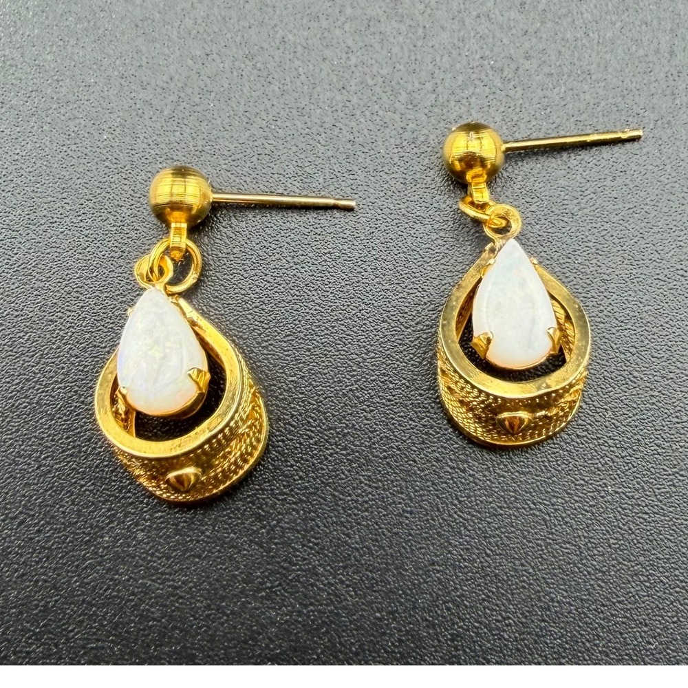 Opal Drop Earrings 1/20 12K Gold Filled Filigree Pear Shaped Filagree READ
